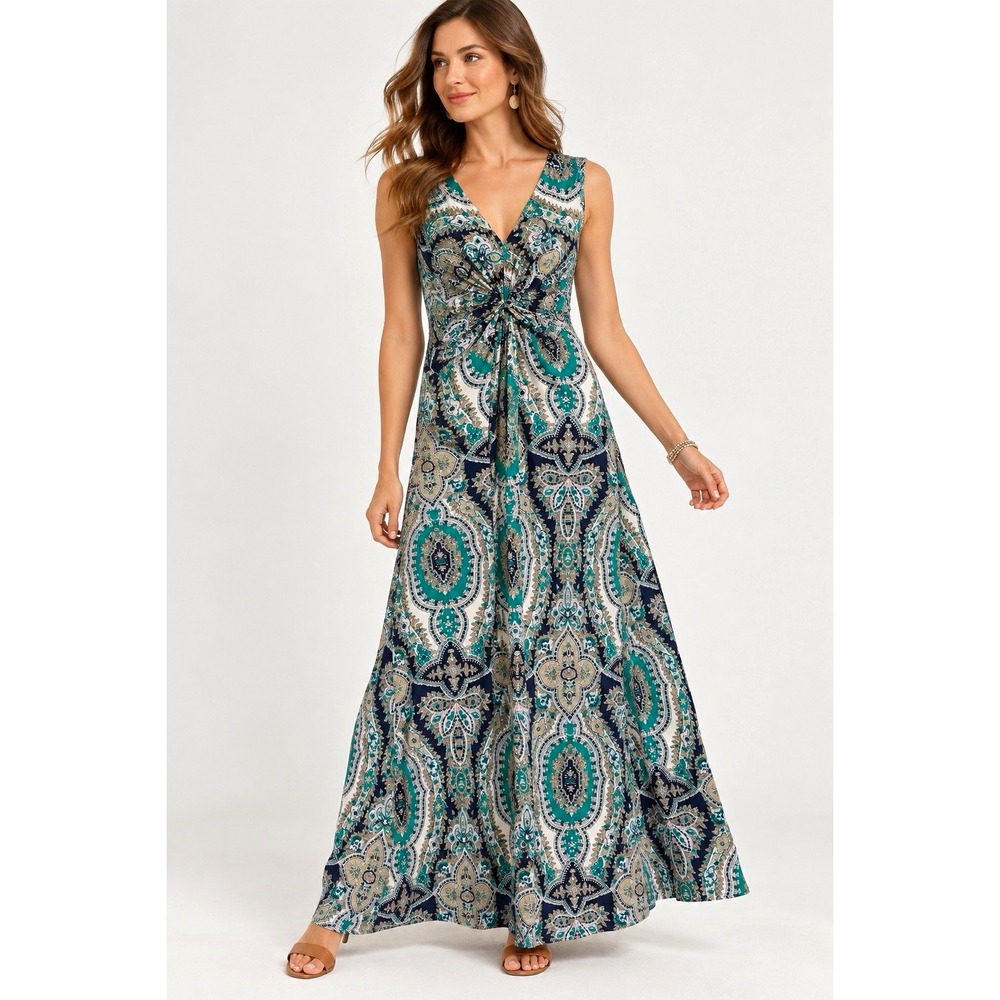 Soft Surroundings Medici Maxi Dress S Teal Paisley Twist Front Boho Sleeveless